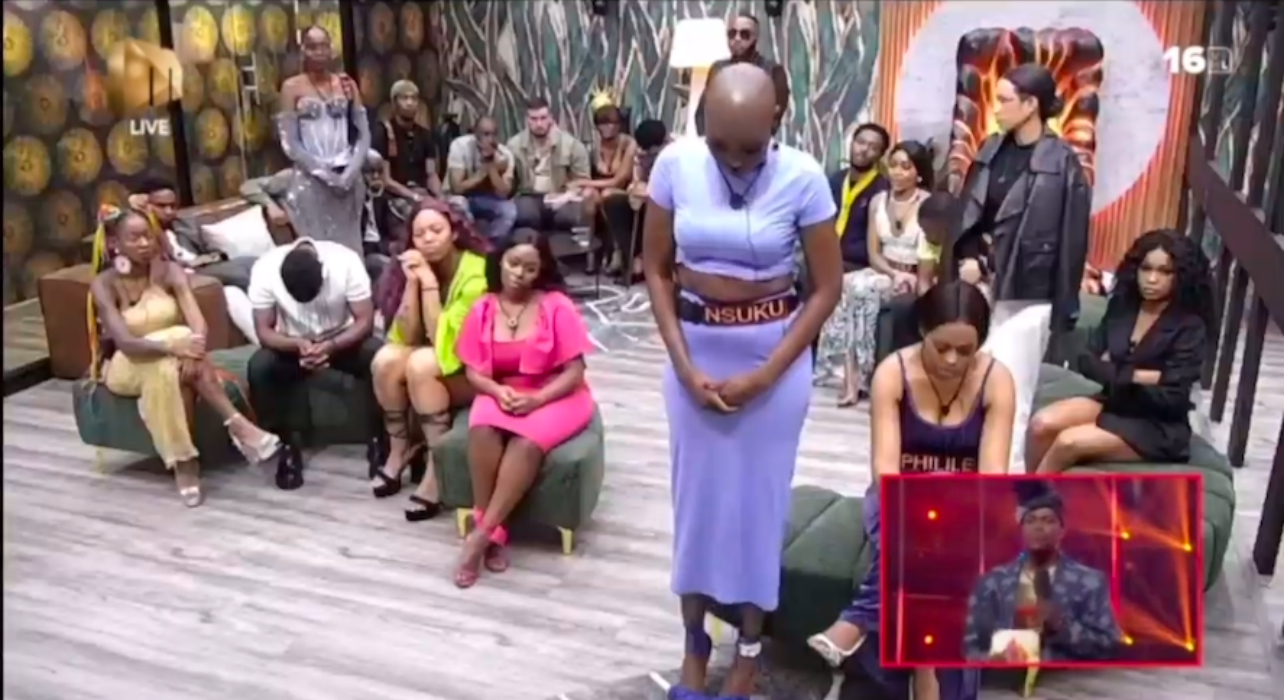 Nominated housemates stand during the Sunday live eviction show before Jojo got to know she was among